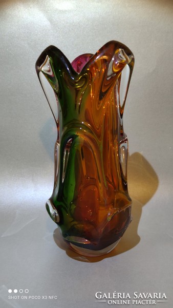 Colorful thick-walled glass vase from the Salgótarján glass factory