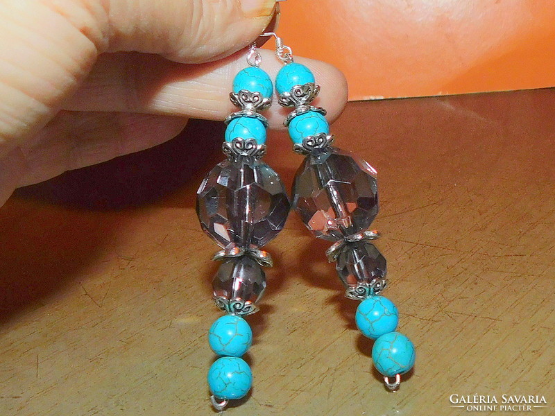 Turquoise crystal pearl extra long earrings 7.5 Cm