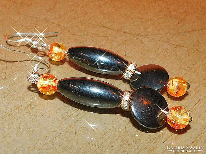 Night black hematite-amber pearl earrings 6 cm