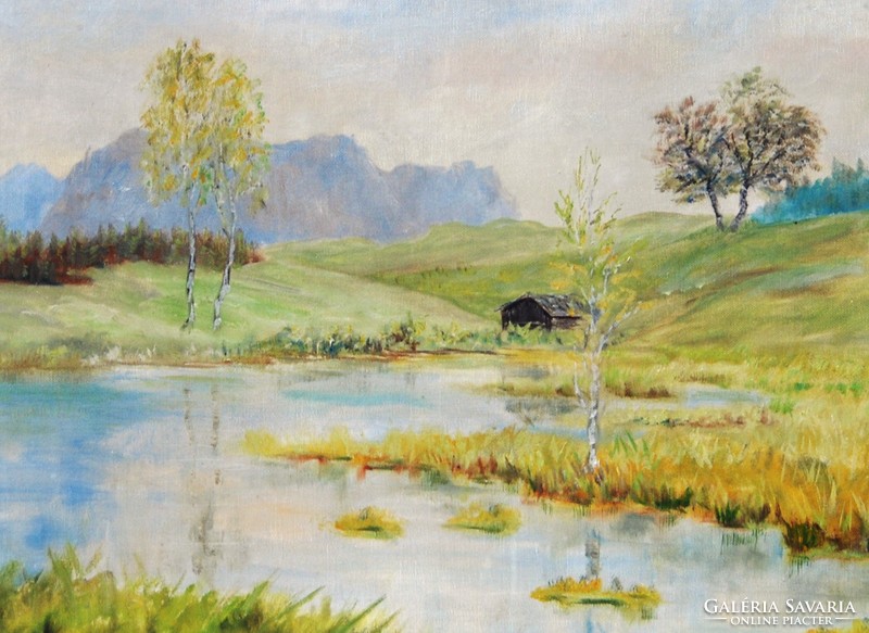 A. O. Kusch (Munich): lakeside cottage between the hills - oil on canvas, framed