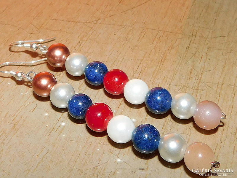 Red agate- lapis loose pearls extra long earrings 7 cm