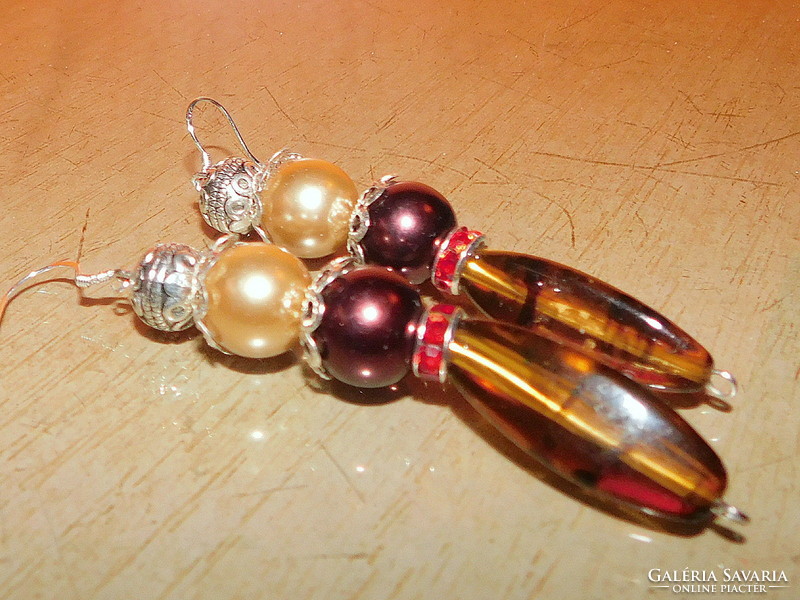 Extra hosszú Gyöngy- Üveg Gyöngy és Tibeti Ezüst Gyöngy Fülbevaló 7.5 cm-es