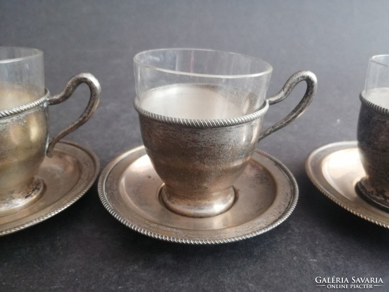 3 db ezüstözött üvegbetétes antik kávés csésze és csészealj - EP