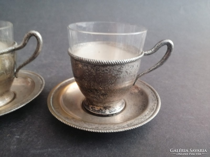 3 db ezüstözött üvegbetétes antik kávés csésze és csészealj - EP