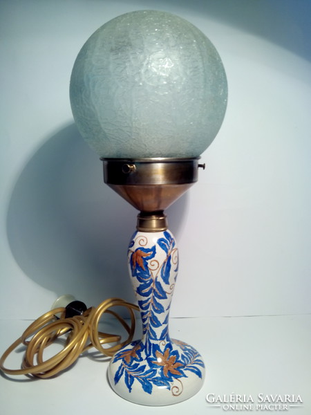 MOST ÉRDEMES VINNI!!! Antik régi festett üveg testű üveg búrájú asztali lámpa L. Szabó Erzsébet ?