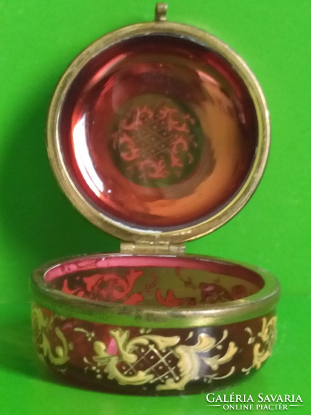 Ruby red gold painted moser glass box canister with copper fittings