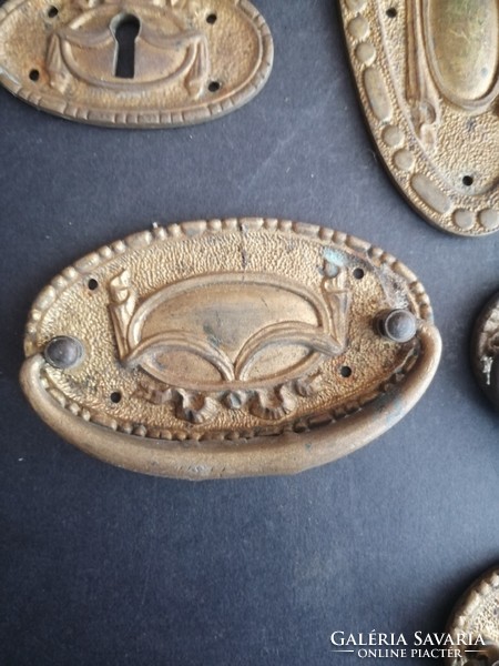 Antique copper classicist furniture crests, inlays, handles, ornaments, drawer pulls 8 pcs - ep