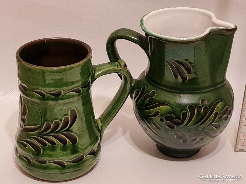 Folk, green glazed, black flower pattern ceramic 4 pcs (2037)