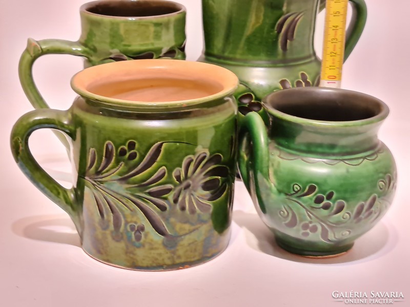 Folk, green glazed, black flower pattern ceramic 4 pcs (2037)