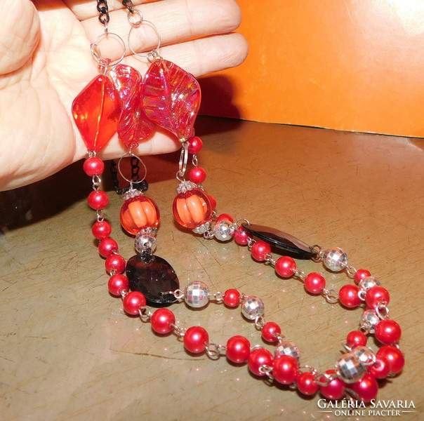 Art deco ruby red beaded 2 row vintage necklace 70 cm