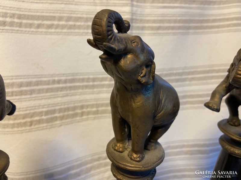 Bronze circus elephant sculptures on a faience column, set of 3, 45-50 cm high