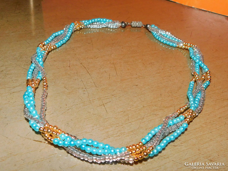 Blue-gold beaded 4-row braided delicate necklace