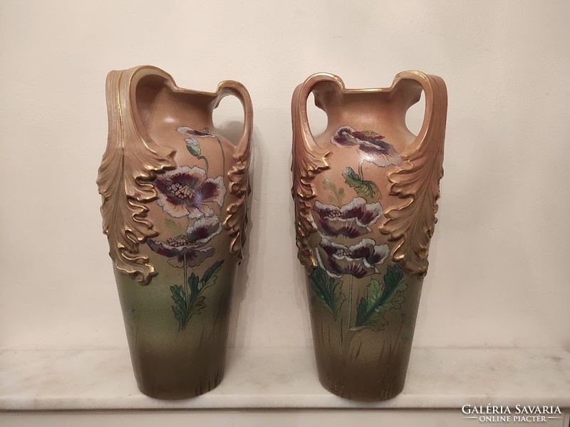 Antique 2-Piece Gilded Painted Majolica Porcelain Art Nouveau Art Nouveau Poppy Vase 941