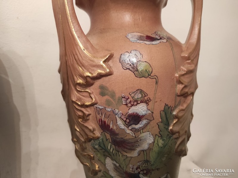 Antik 2 darab aranyozott festett majolika porcelán szecessziós jugendstil pipacsos váza 941