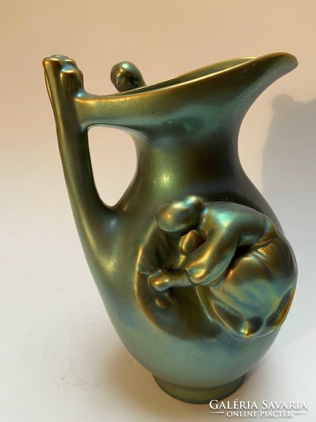 Zsolnay eosin vase (blue) with female figures 16 cm