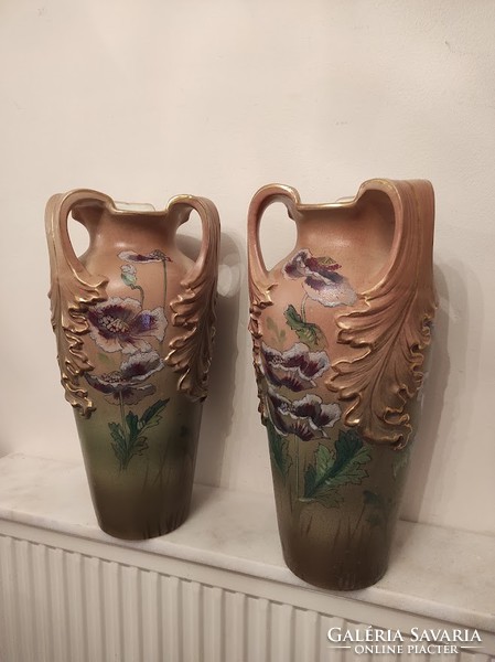 Antik 2 darab aranyozott festett majolika porcelán szecessziós jugendstil pipacsos váza 941