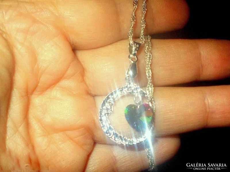 Rainbow crescent inside heart white gold gold filled necklace