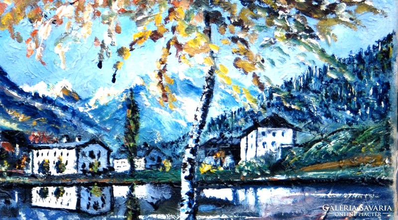 Hübner: Tóparti házak a hegyek között - olaj-vászon festmény