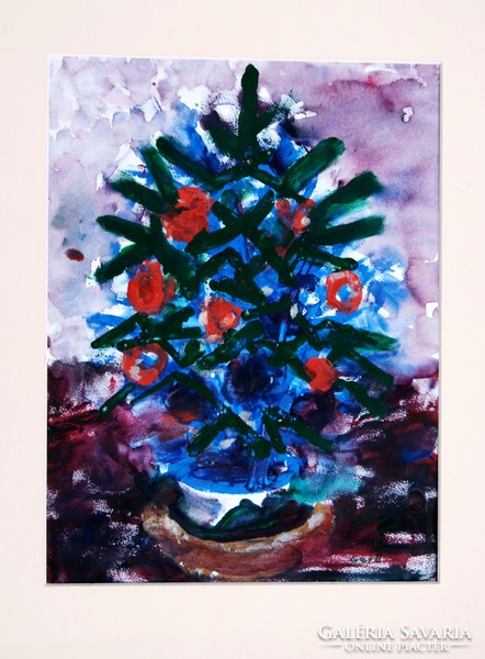 András Gerő (1935): Christmas tree - gouache painting