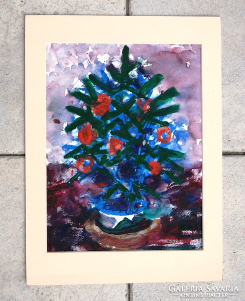 András Gerő (1935): Christmas tree - gouache painting