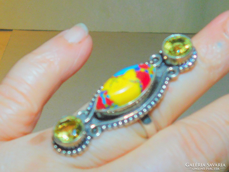 Mosaic jasper mineral stony Tibetan silver ring 8.5