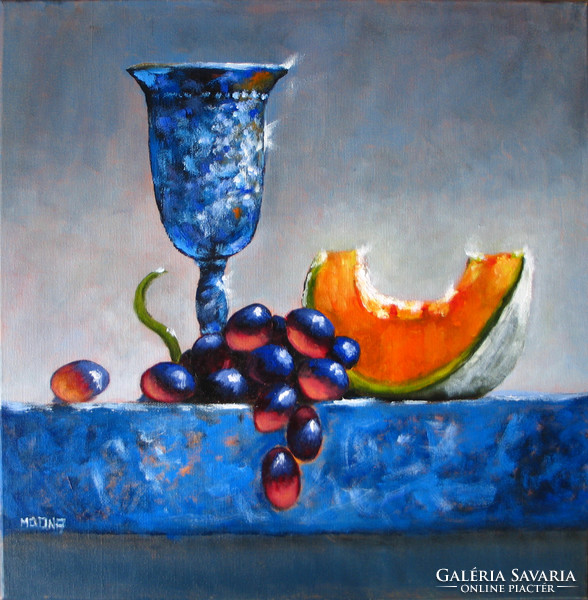 Moona: still life with melon and grapes original oil painting
