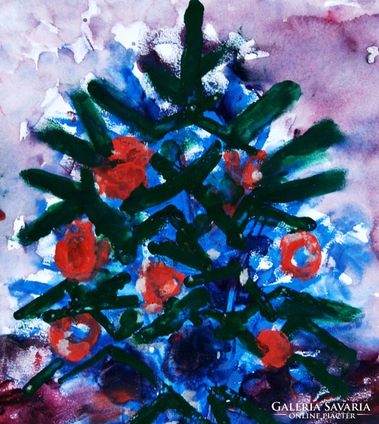 András Gerő (1935): Christmas tree - gouache painting