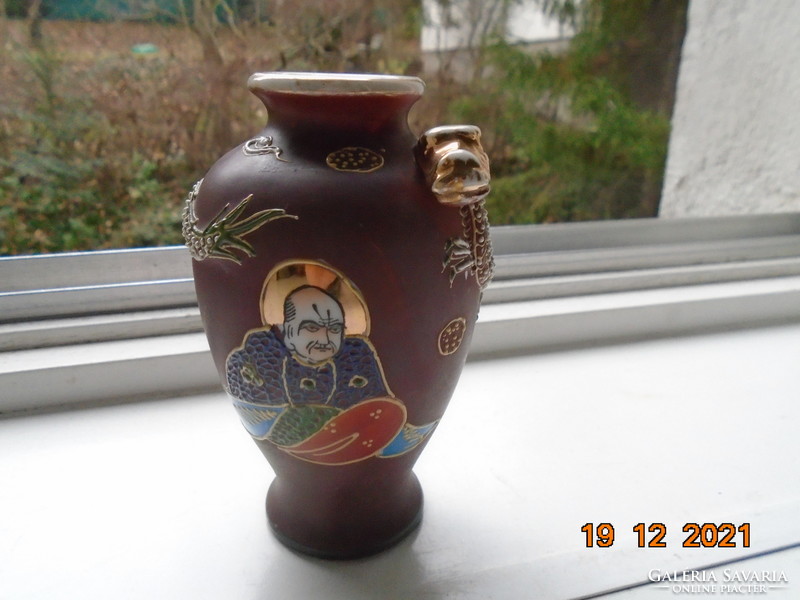 Satsuma moriage hand painted vase with plastic dragon, cannon and rakan pattern