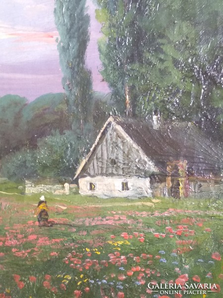Házikó virágos kerttel ("Horváth" jelzés, szép keretben, olaj vászon, 75x43 cm)