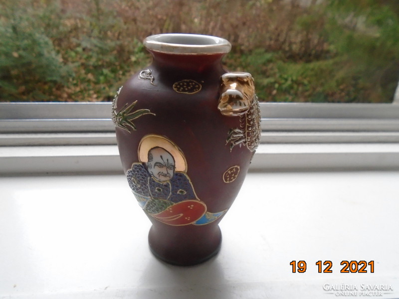 Satsuma moriage hand painted vase with plastic dragon, cannon and rakan pattern