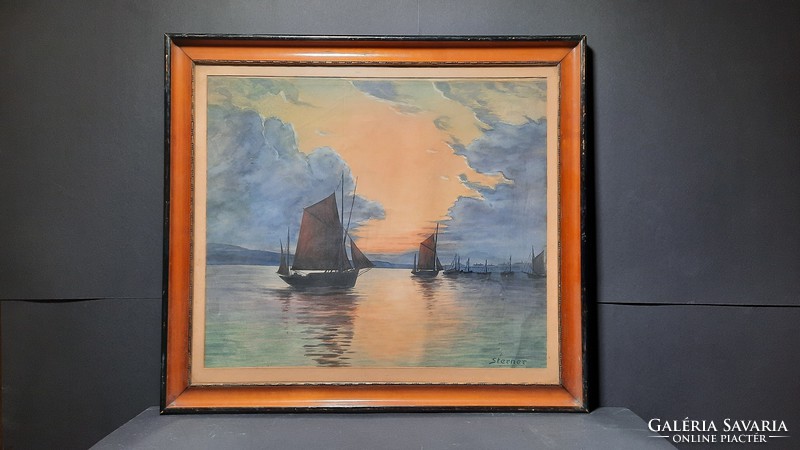 Vitorlások a naplementében (akvarell keretben 54x60) Sterner jelzéssel tengeri tájkép, hajók, kikötő