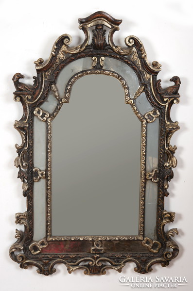 Wooden frame mirror. Hand carving silver colored ornaments. 150 years old. Large size.