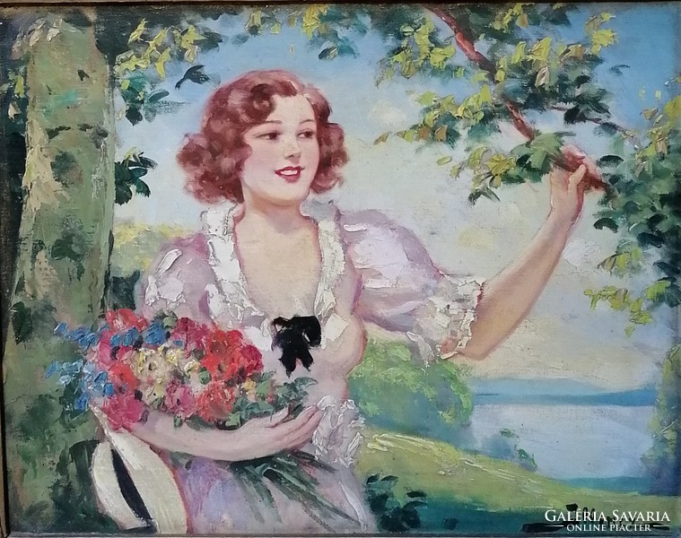 Lipót Illencz (1882-1950) girl with a bouquet of flowers on the shores of Lake Balaton