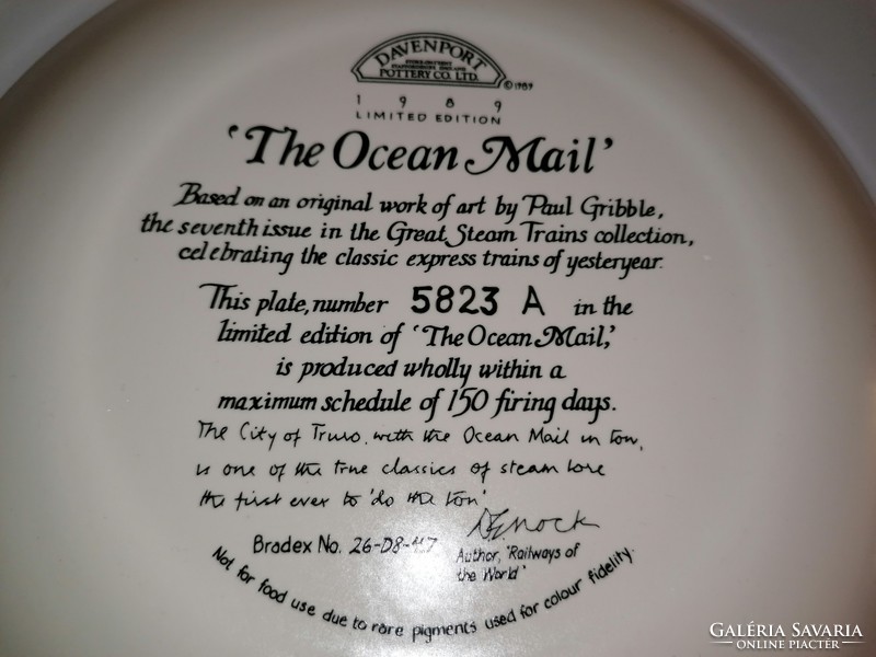 Vintage "The Ocean Mail","  az óceáni levél" nevű vonat, limitált porcelán tányér