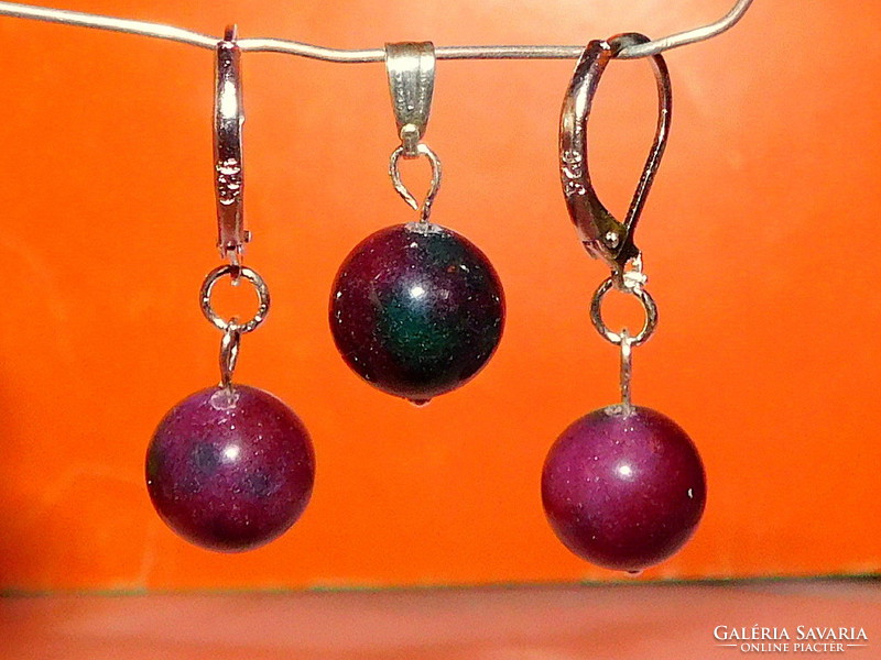 Ruby-zoosite mineral sphere earrings and pendant set