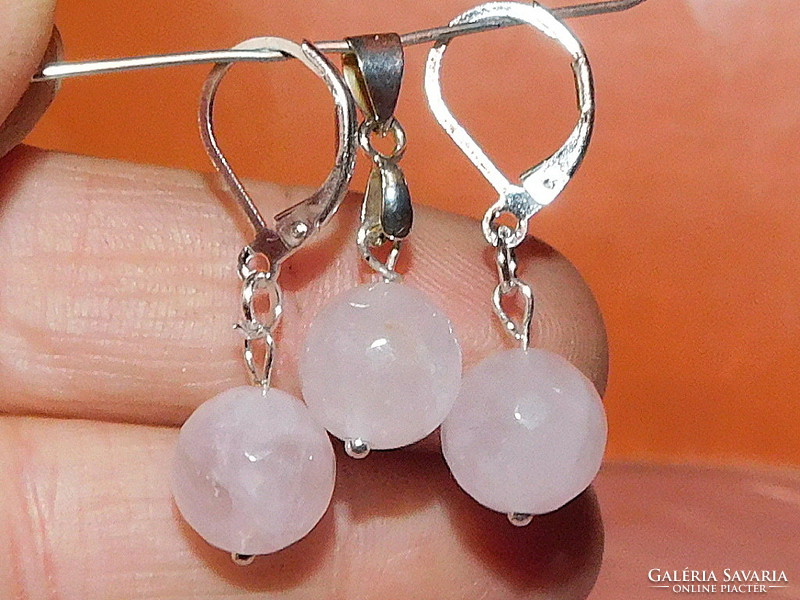 Rose quartz mineral faceted polished spherical earrings and pendant set