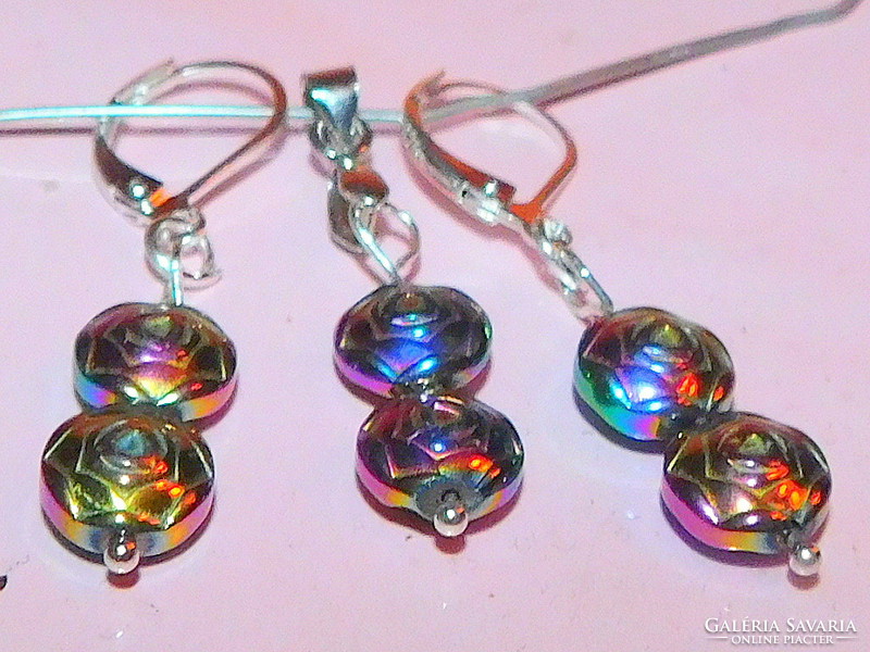 Rose floral titanium flame aura quartz earrings and pendant set