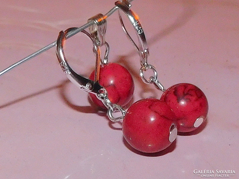 Red coral mineral sphere earrings and pendant set