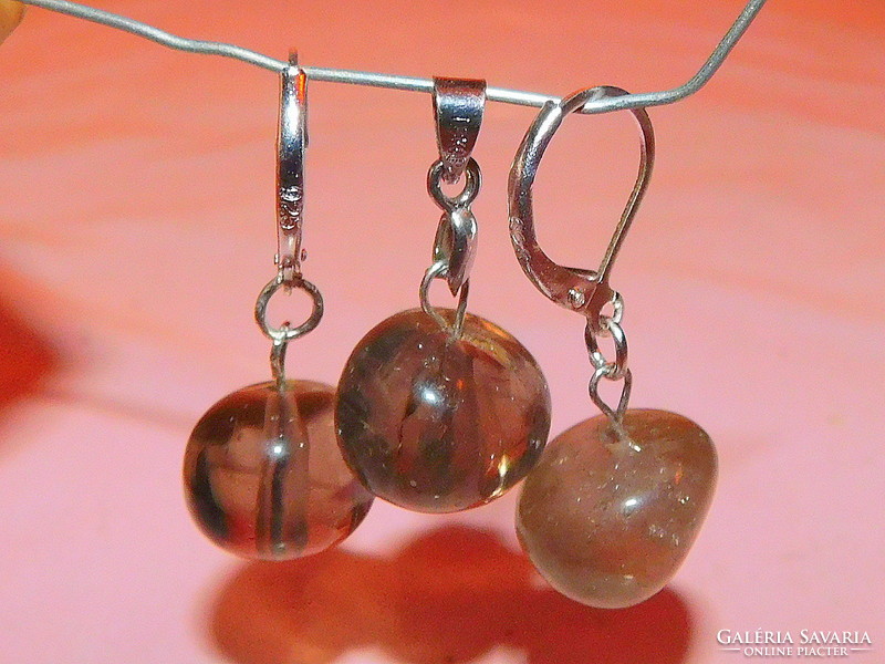 Giant-eyed smoky quartz mineral earrings and pendant set