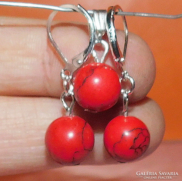 Red coral mineral sphere earrings and pendant set