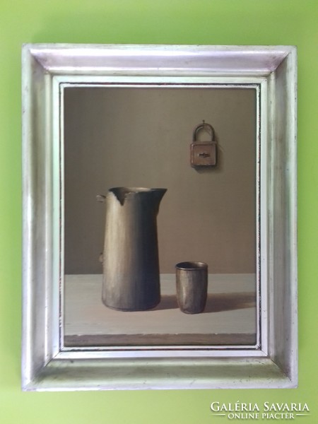 Jenő Benedek Jr. (1939 - 2019) - broken jug - framed oil / wood fiber painting