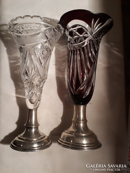 2 crystal vases with silver base, Győr, 1942