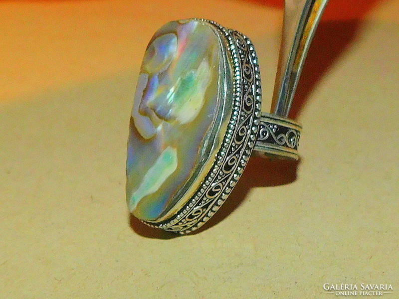 Abalone paua shells stony prestigious ornate Tibetan silver ring 9