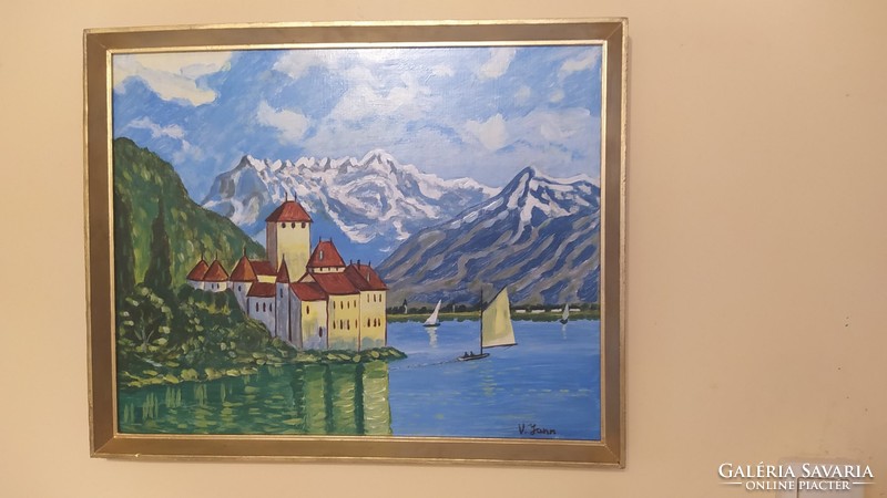 (K) V Jann tájkép / vár festménye 54x43 cm kerettel