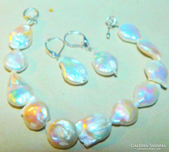 Off-white Japanese biwa genuine pearl bracelet and earrings jewelry set