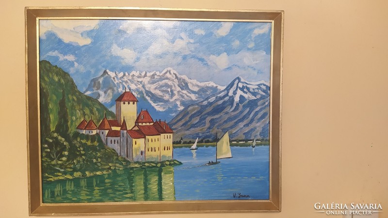 (K) landscape / castle painting by v jann with frame 54x43 cm