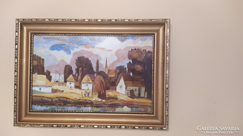 End of the village of János Váczy painting, oil fiberboard with 60 * 42 cm frame.
