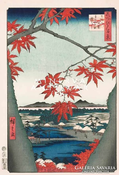 Régi japán fametszet - tájkép hegyek tó juharfa vörös levelek 1857 Kitűnő minőségű reprint nyomat