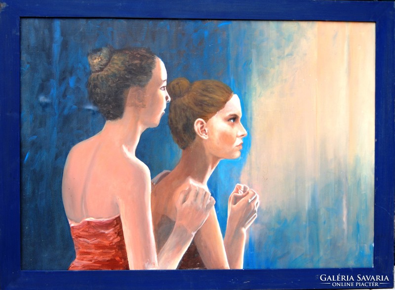 Contemporary Hungarian painter: ballerinas behind the scenes - large-scale oil-canvas painting, framed