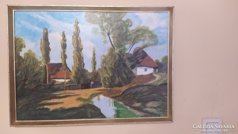 (K) farm world painting by János Váczy 58x43 cm with frame